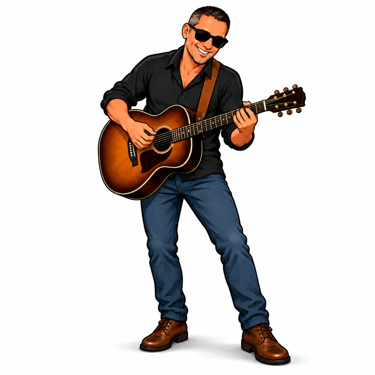 Cartoon Andi performing with acoustic guitar