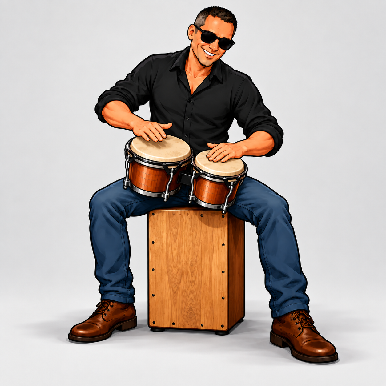 Cartoon Andi playing bongos while sitting on a cajón