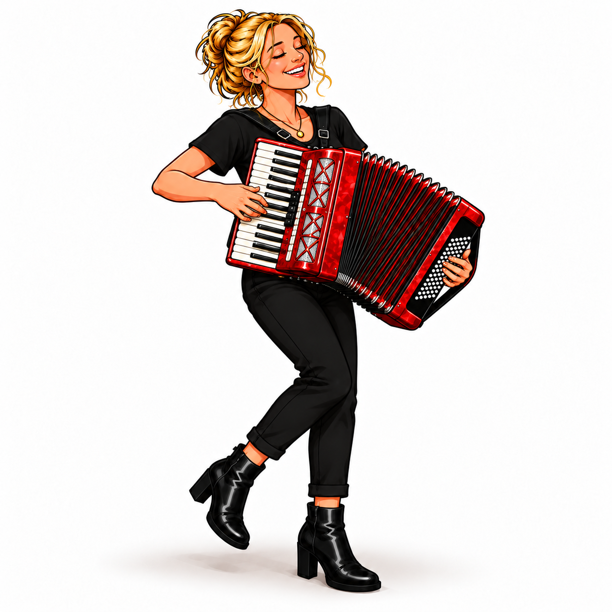Cartoon Ingrid playing a bright red accordion