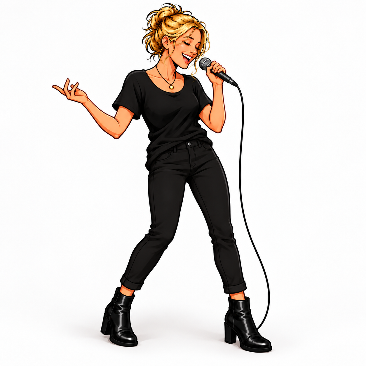 Cartoon Ingrid singing with a handheld microphone